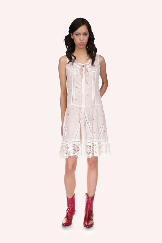 Cluny Lace Trimmed Floral Swiss Dot Slip Dress, above knee long, sleeveless, lace at hems