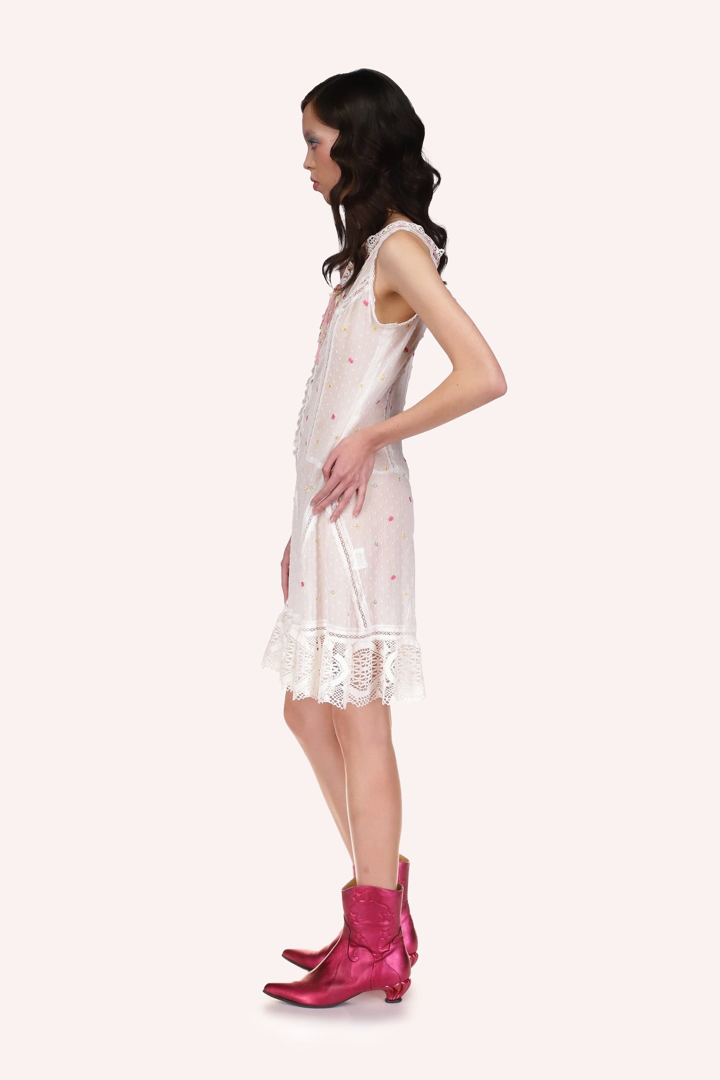 Cluny Lace Trimmed Floral Swiss Dot Slip Dress, white with triangular hems on the bottom part