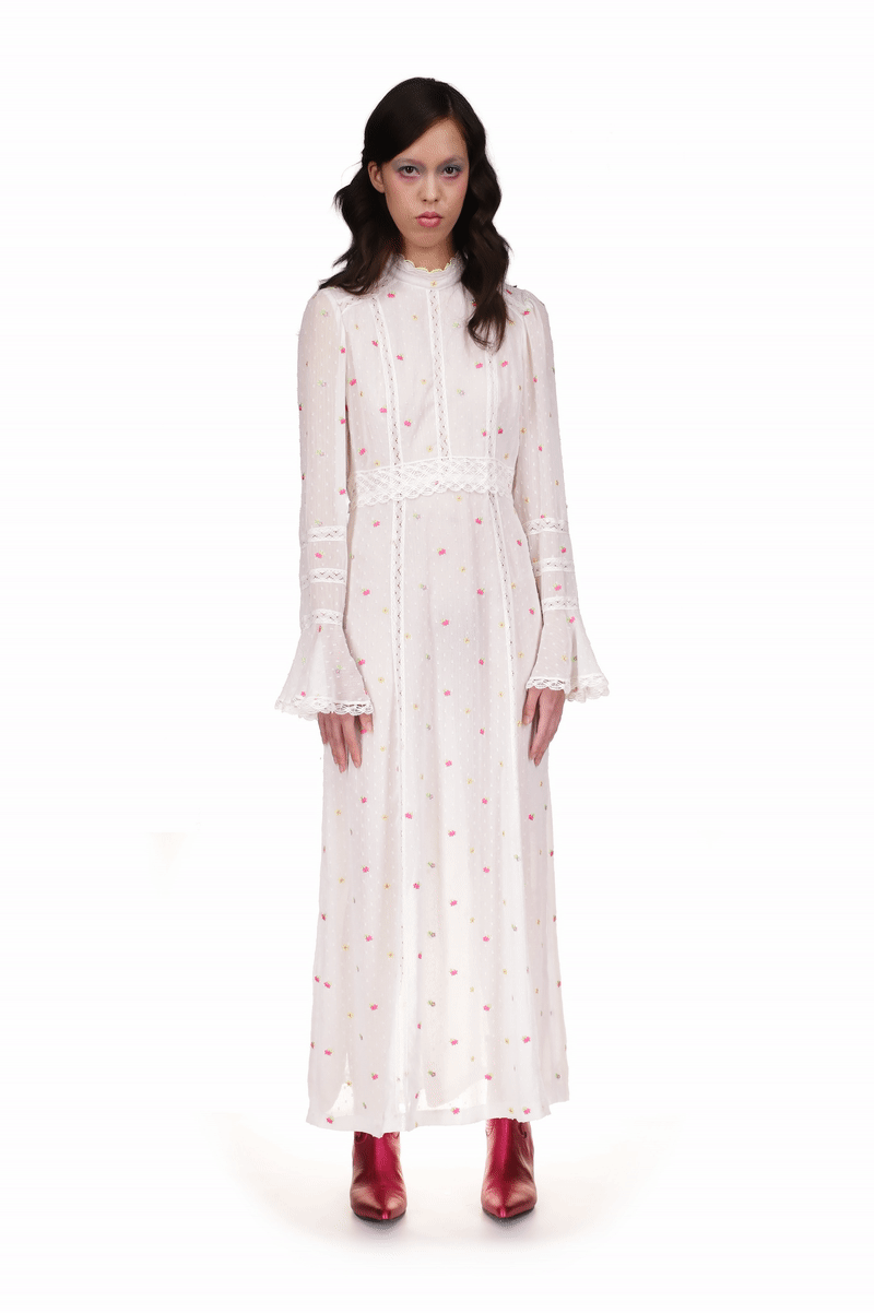 Cluny Lace Maxi Dress, Mandarin laced collar, lace at waist, sleeves wide at the wrist