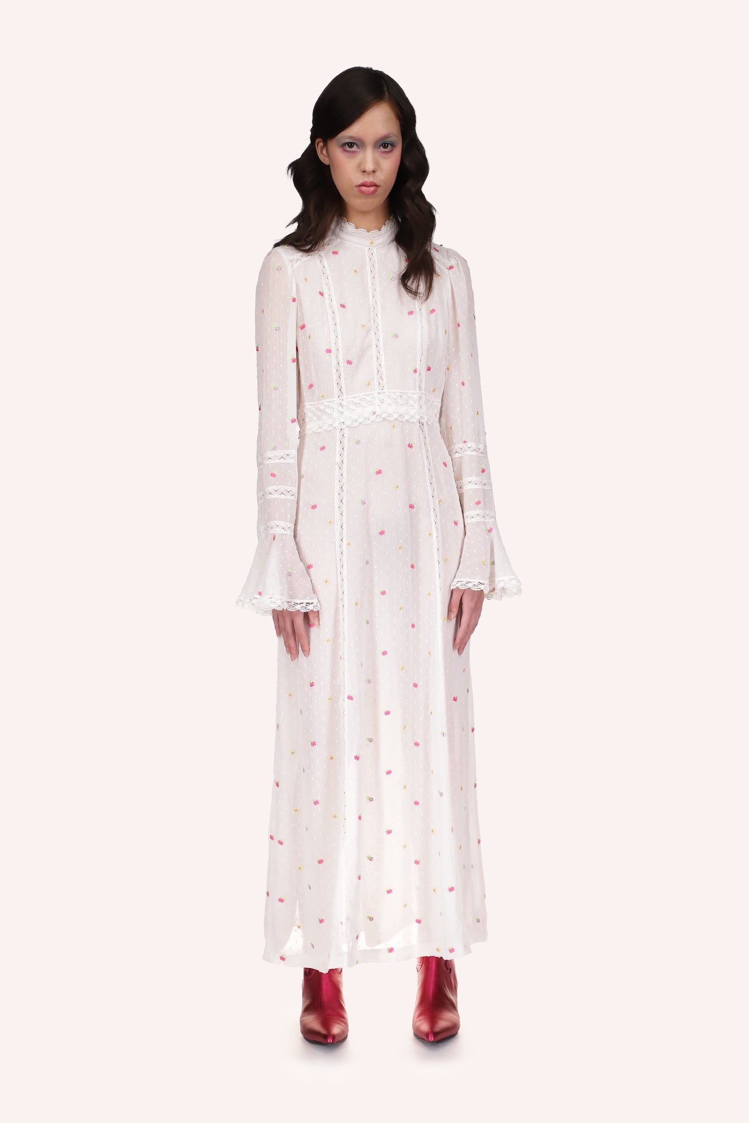 Cluny Lace Trimmed Floral Swiss Dot Maxi Dress