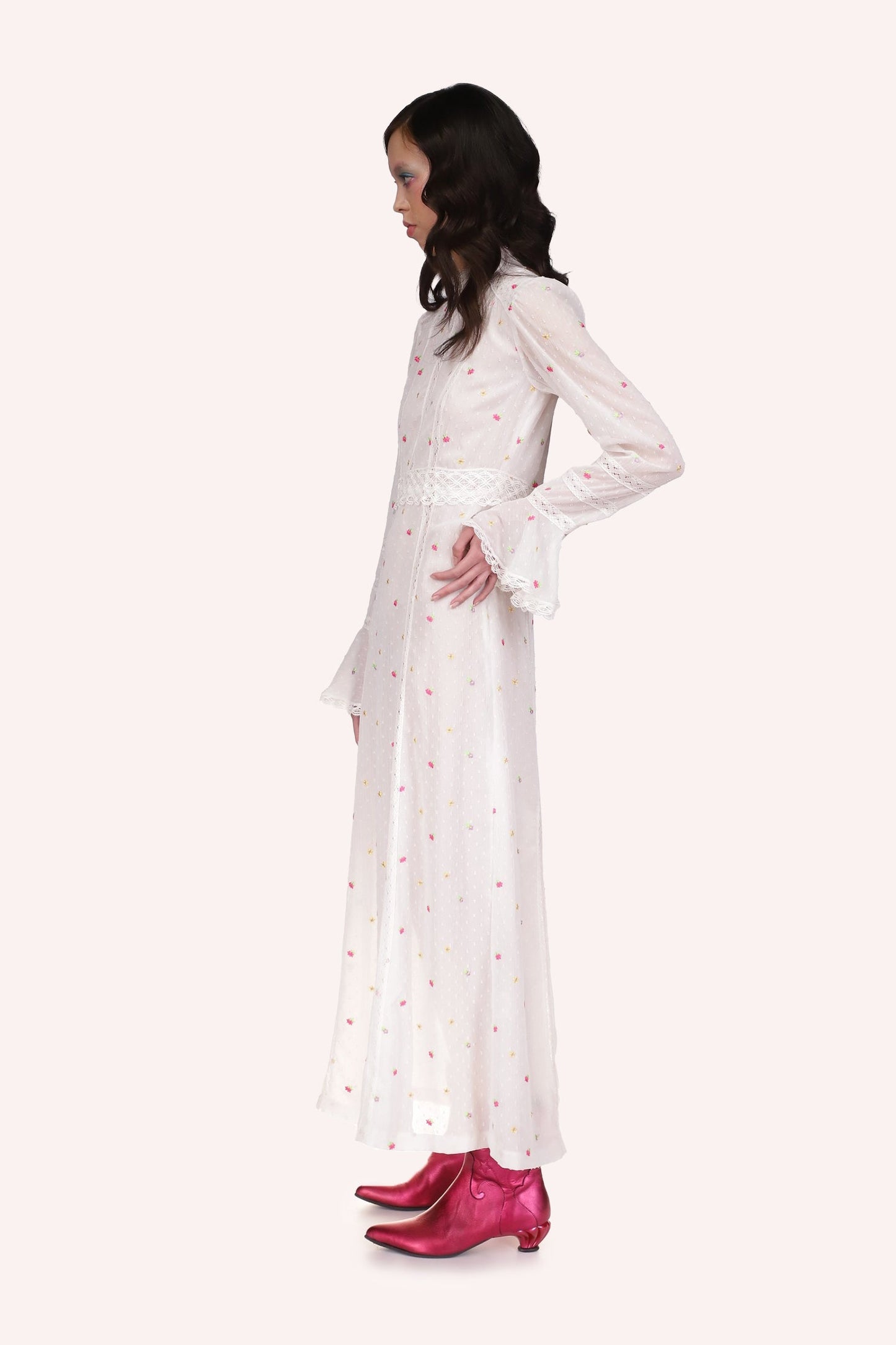 Cluny Lace Maxi Dress, Mandarin laced collar, lace at waist, sleeves wide at the wrist.
