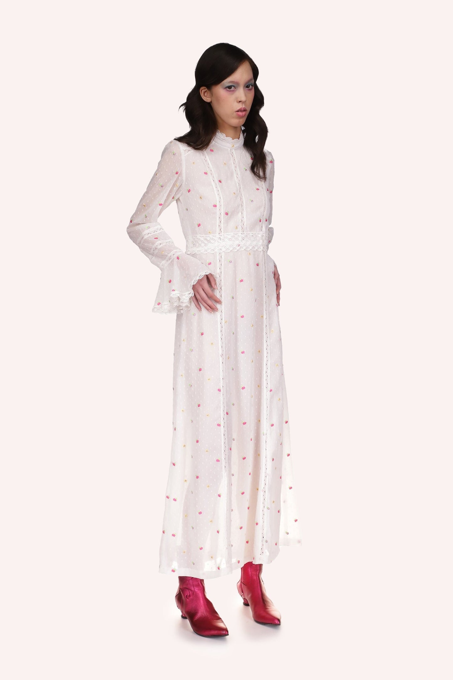 Cluny Lace Trimmed Floral Swiss Dot Maxi Dress, Mandarin laced collar, white with red dots