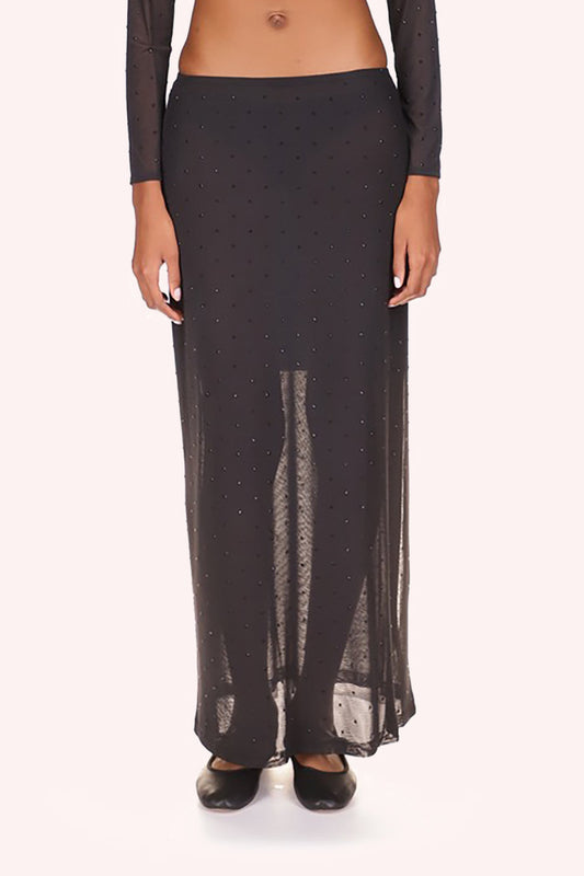 Rhinestone Mesh Skirt Black, transparent color, adorned with shiny black beads, ankles long,