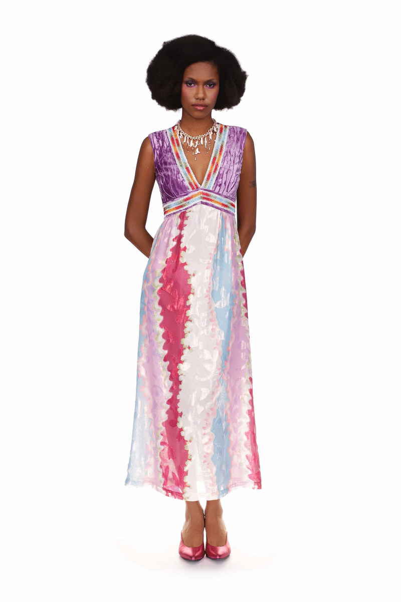 Lines of cloudy design in red, white, pink, and blue for this Velvet Bodice Sleeveless Dress