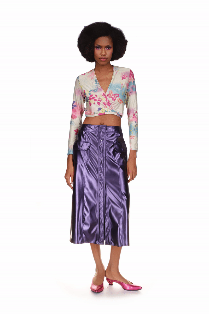 Atlantis Garden Wrap Top, tied in the back, beige and purple with Azalea floral design, long sleeves