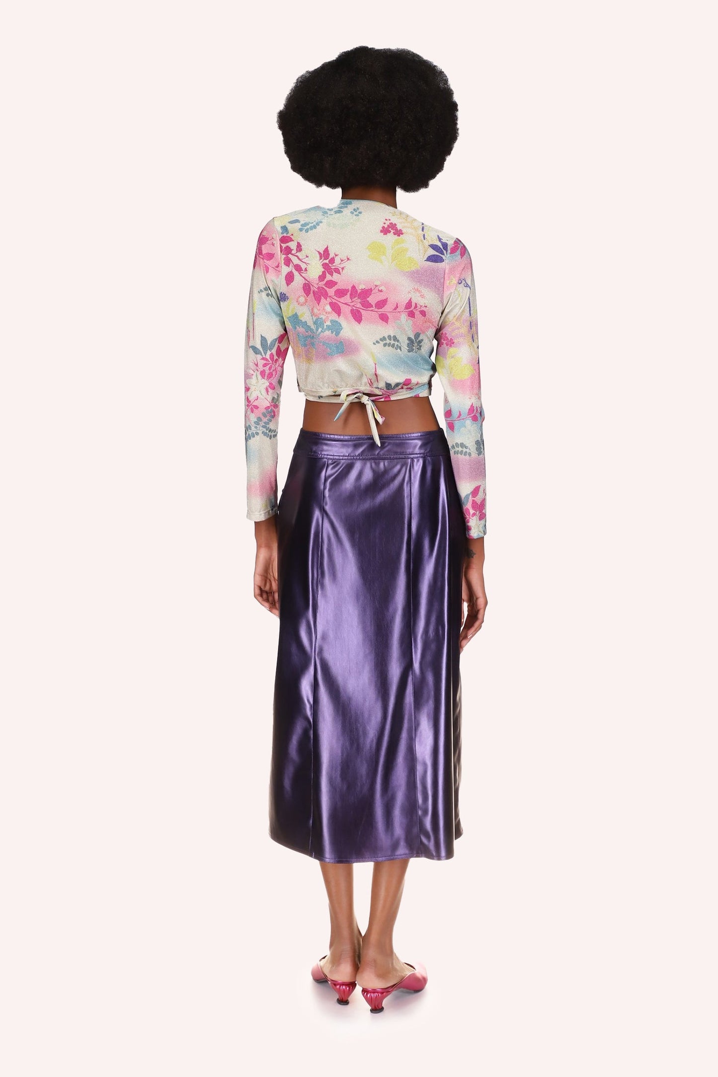 Atlantis Garden Wrap Top, tied in the back, beige and purple with Azalea floral design, long sleeves.