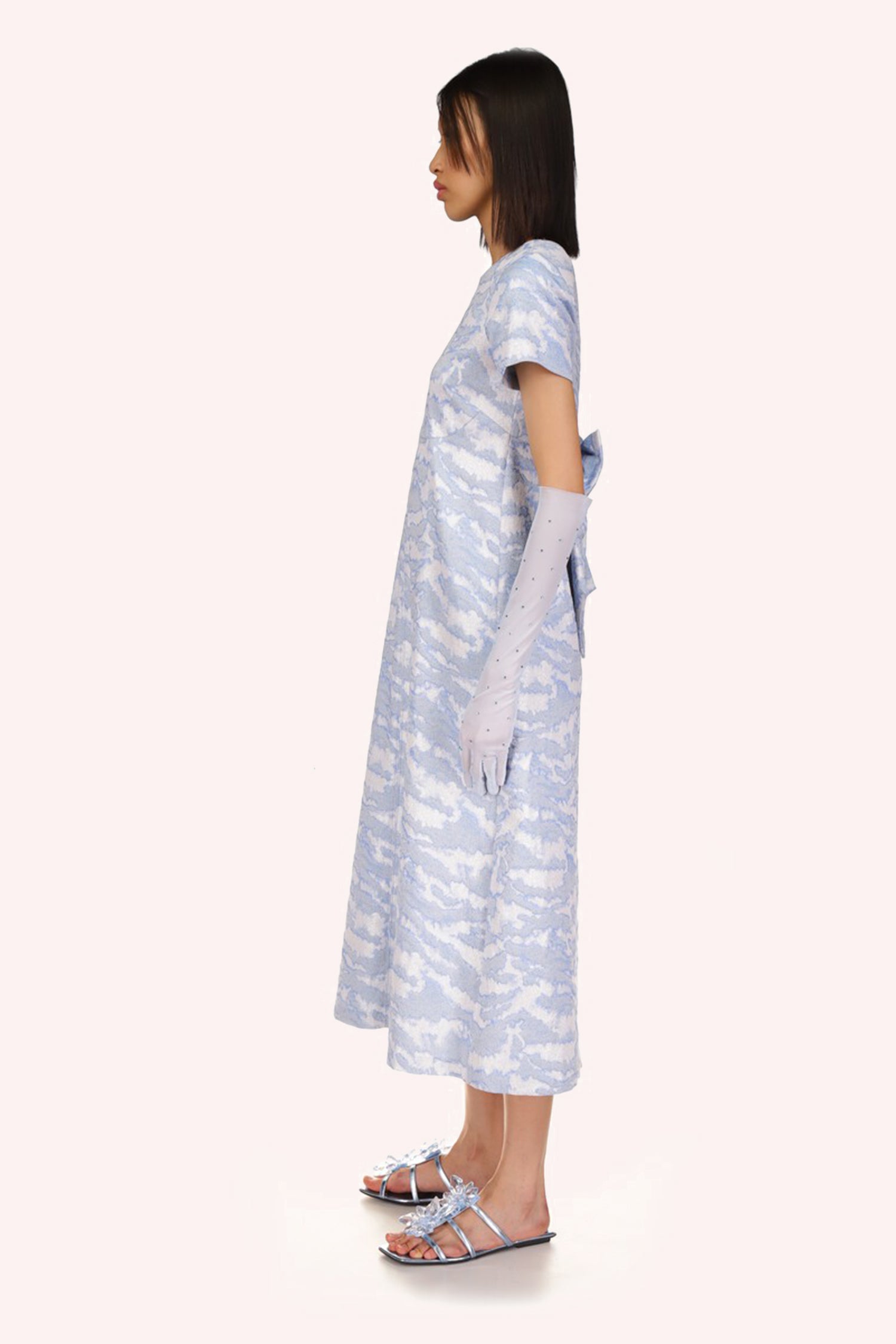 Jacquard Dress Powder Blue, mid-calf long, short sleeves, neck line collar, a large knot at the waist