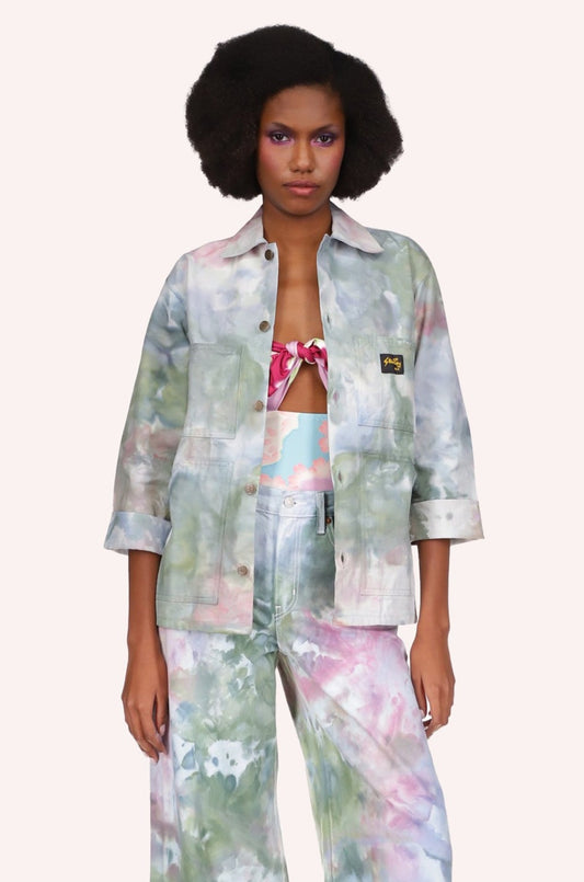 Ocean Tie Dye Jacket, green floral design with touch of pink, 5-button, chest-pockets