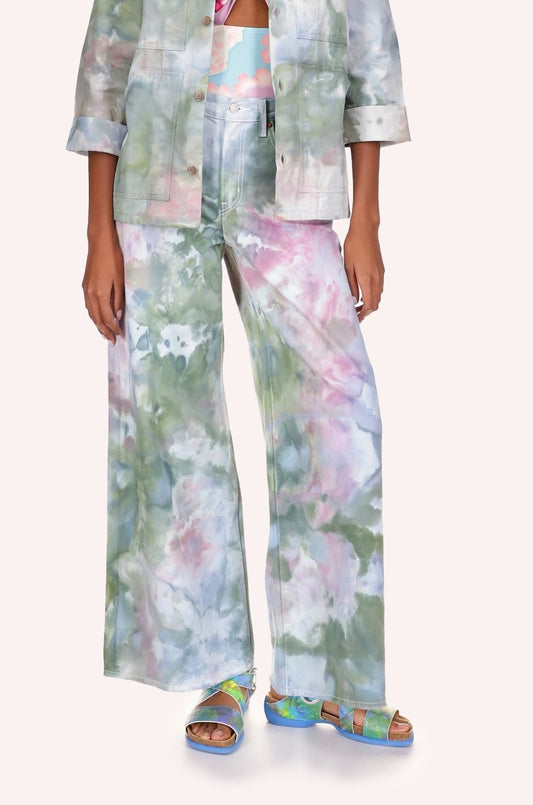 Ocean Tie Dye Wide Leg Jeans, green floral design with touch of pink, button & belt loop at the top