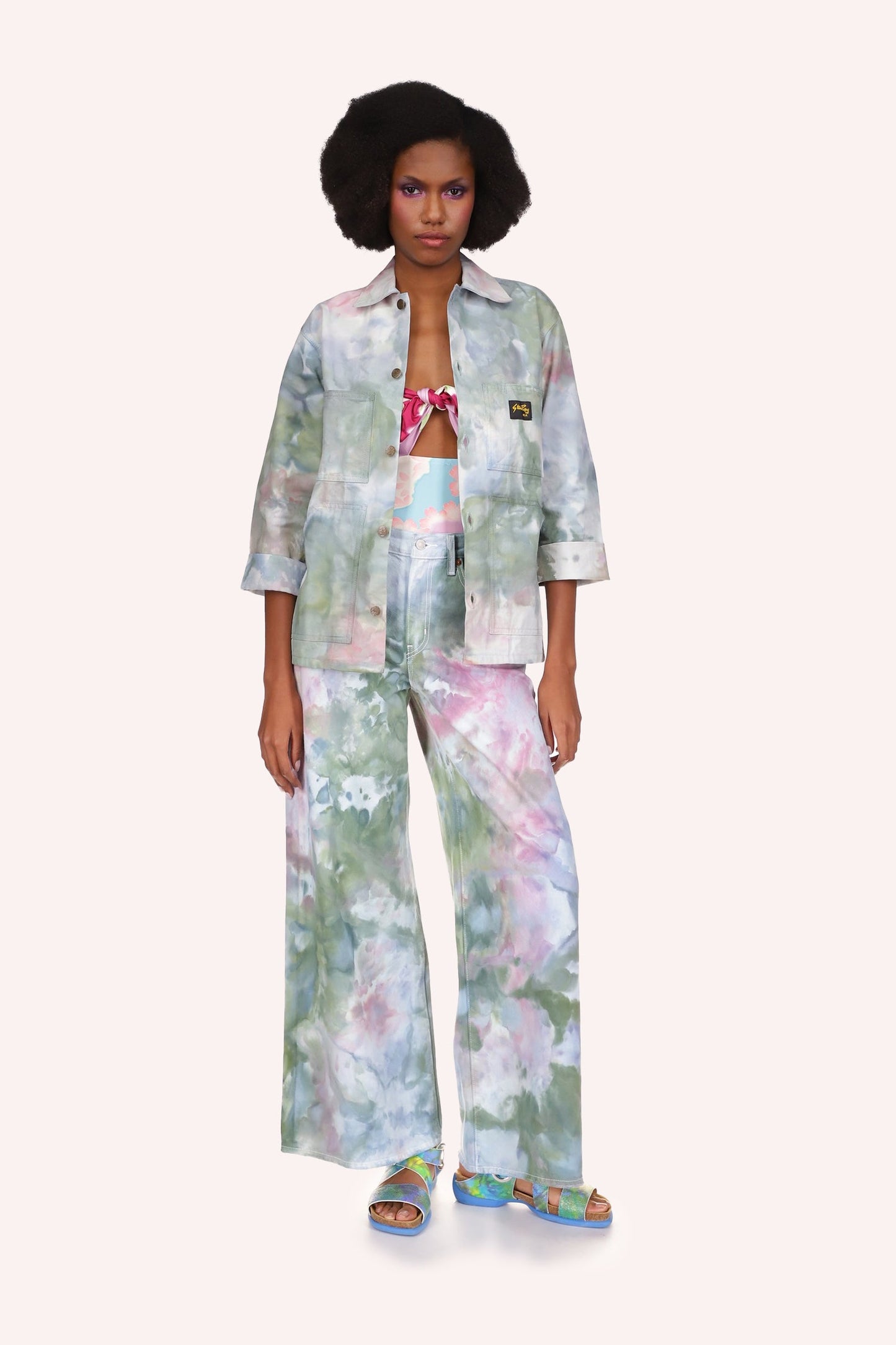 Ocean Tie Dye Jacket, mid-arm sleeves with a fold-over, waist long, High collar in the back