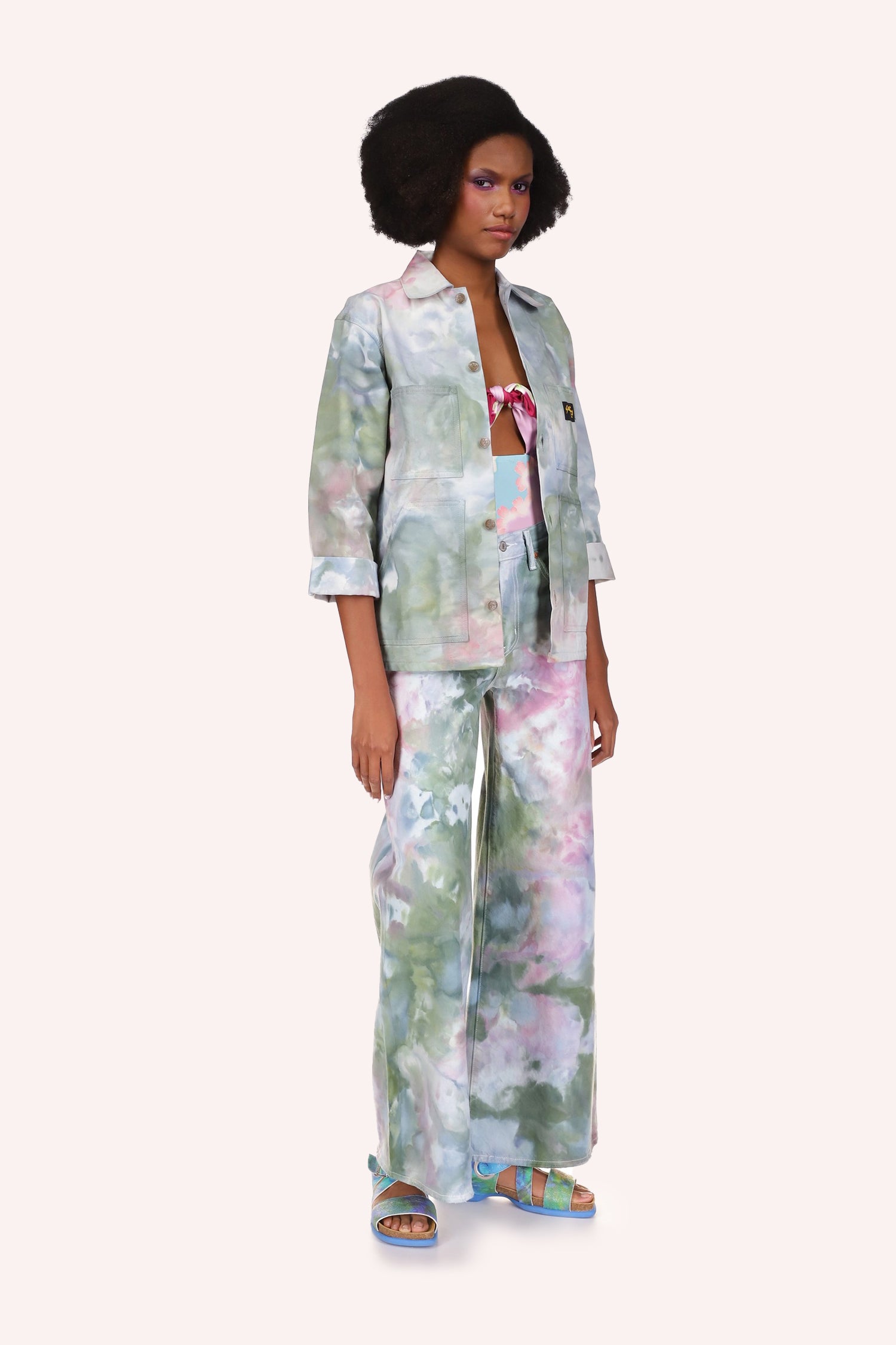 Ocean Tie Dye Jacket, green floral design with touch of pink, 5-button, chest-pockets.