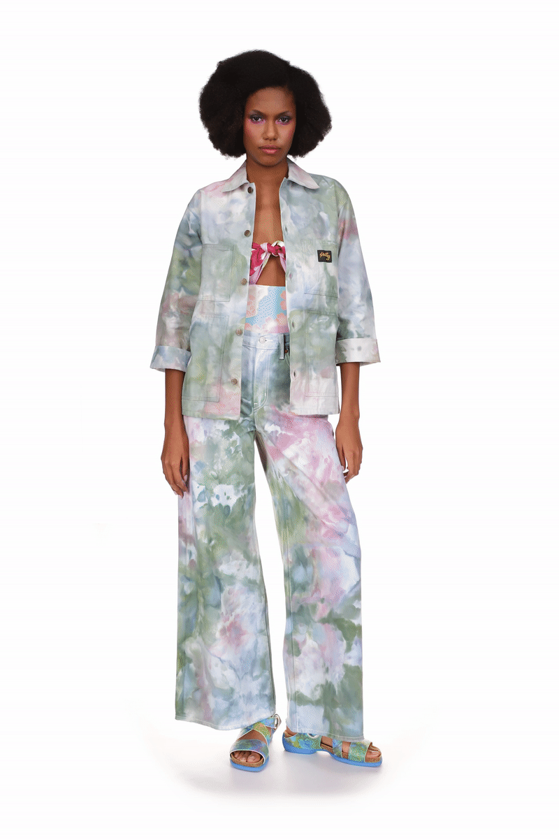 Ocean Tie Dye Wide Leg Jeans, paired Ocean Tie Dye Jacket, green floral design with touch of pink