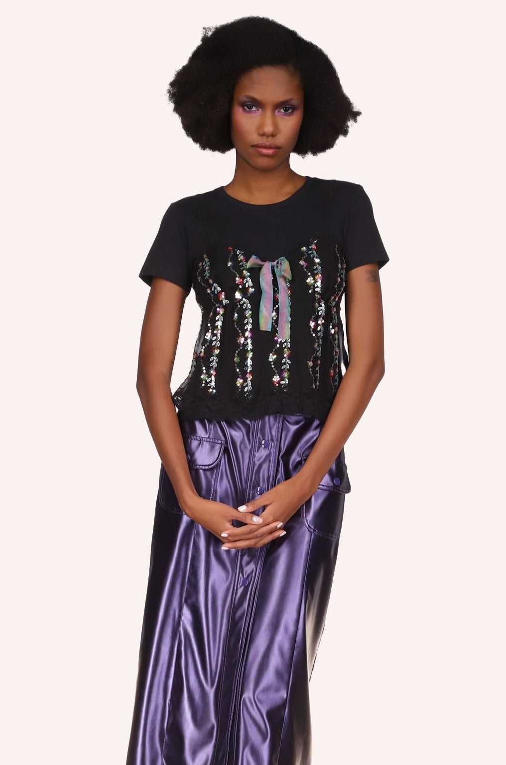 Lingerie Deco Tee Black Cami featuring a sequined bust line, a rainbow ribbon at bust top