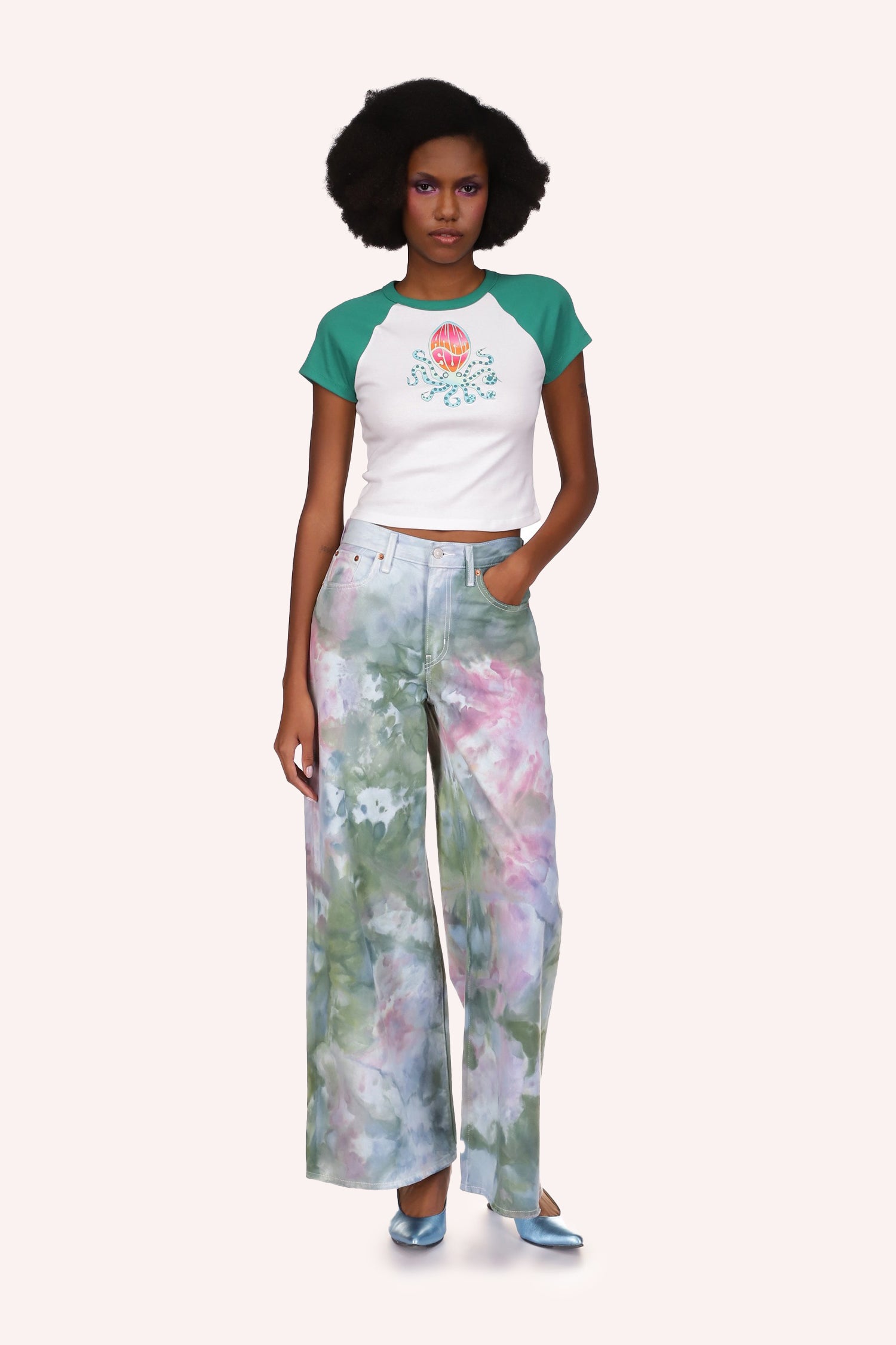 Ocean Tie Dye Wide Leg Jeans, green floral design with touch of pink, pants drape over the hips