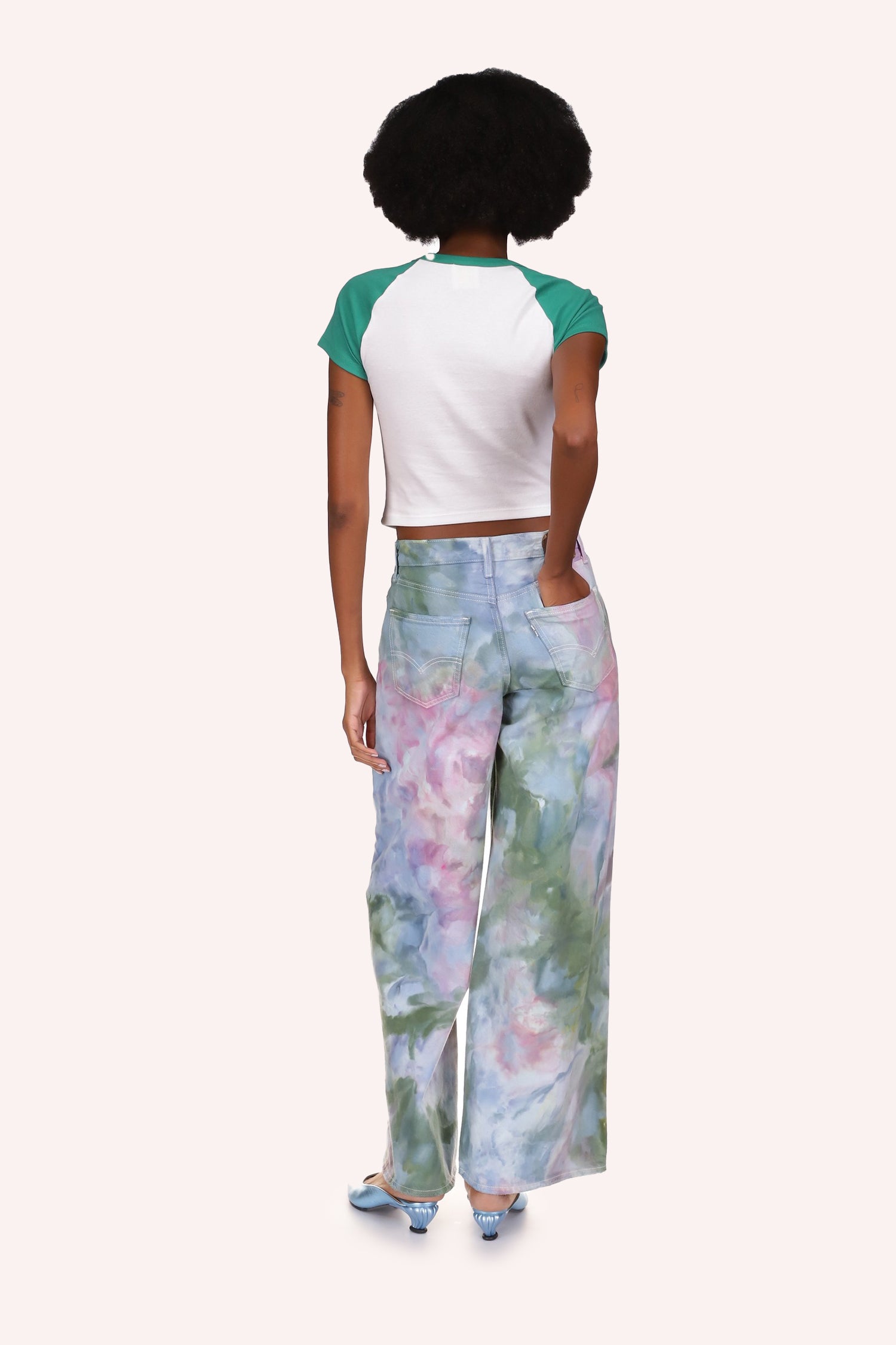 Ocean Tie Dye Wide Leg Jeans, green floral design with touch of pink, 2-pocket on the back
