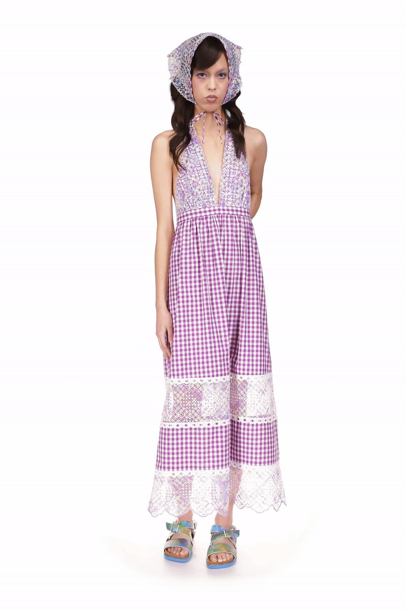 Gingham Halter Dress white & purple, deep V-collar, nude back top to waist, ribbon at collar to tied