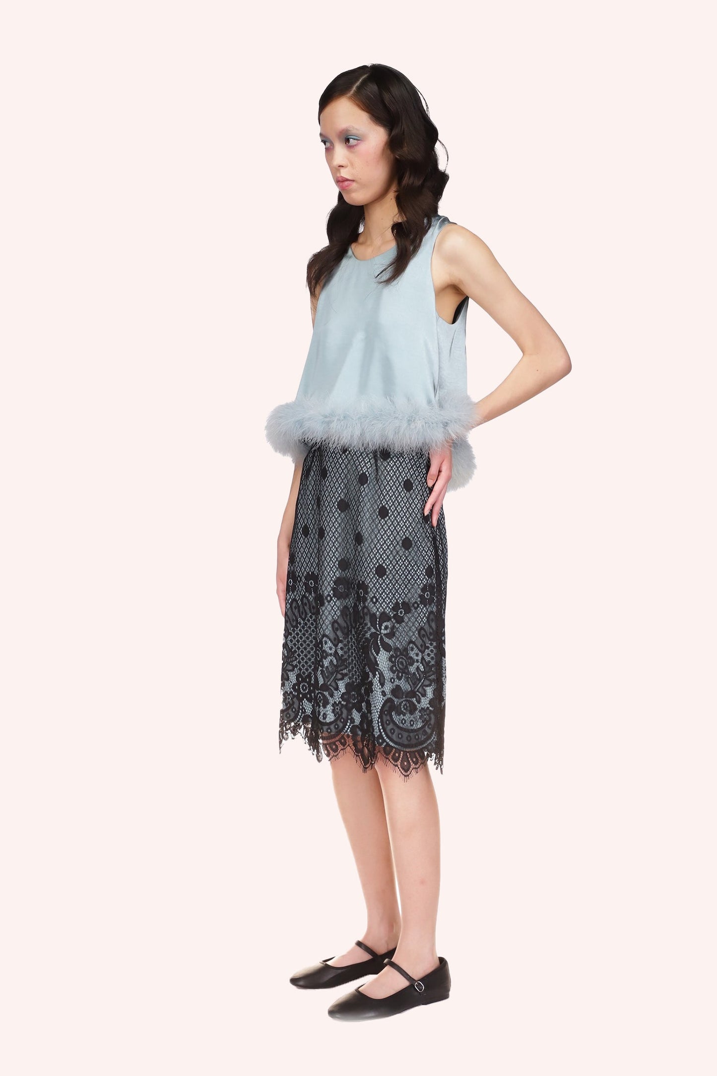 Washed Satin With Lace Top Trimmed With Marabou Feather