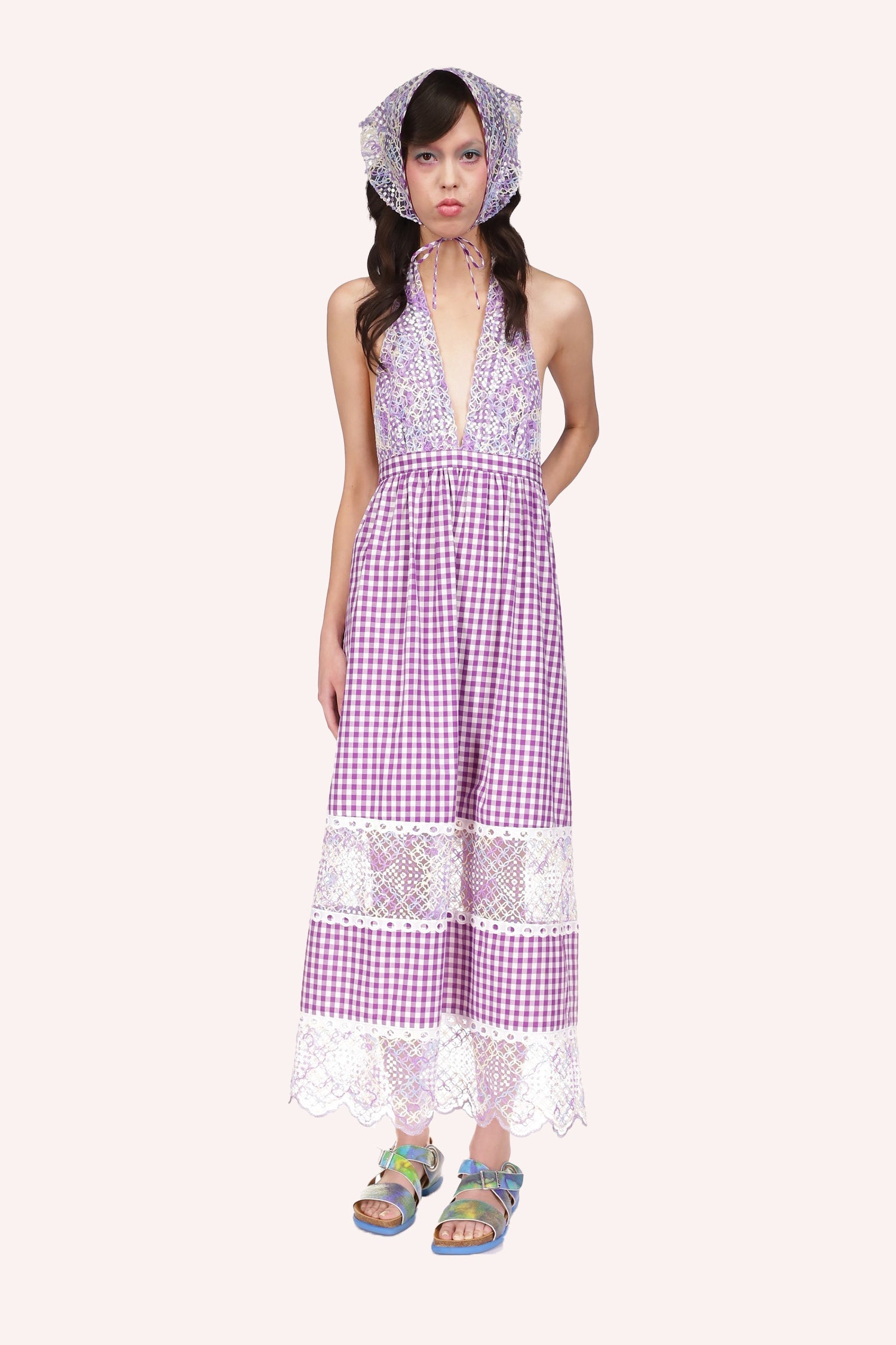Gingham Halter Dress white and purple, sleeveless, ankles long, large lace at knees level & bottom.