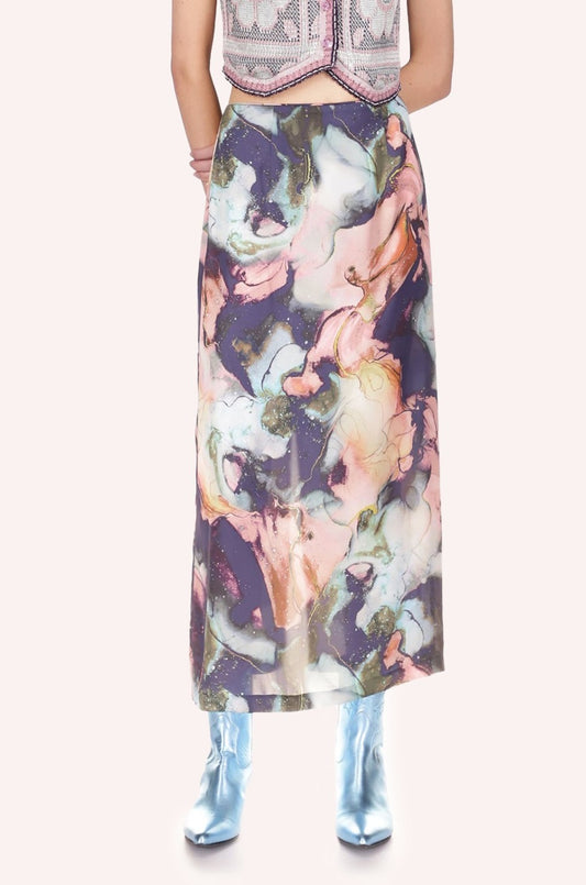 Cosmos Satin Skirt large blue floral with patch of pink and yellow colors, above ankles long