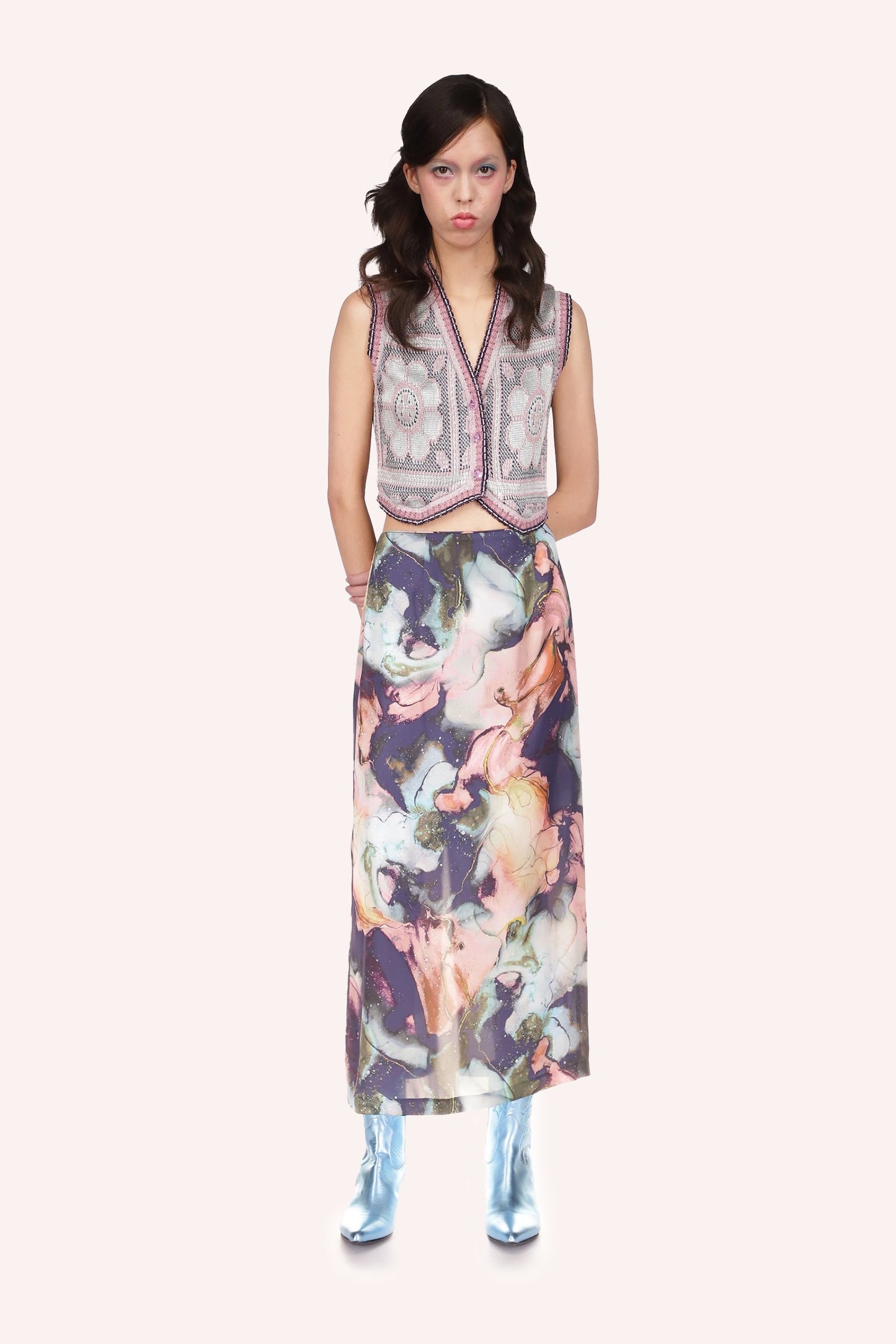 Cosmos Satin Skirt large blue floral with parch of pink and yellow colors, above ankles long.