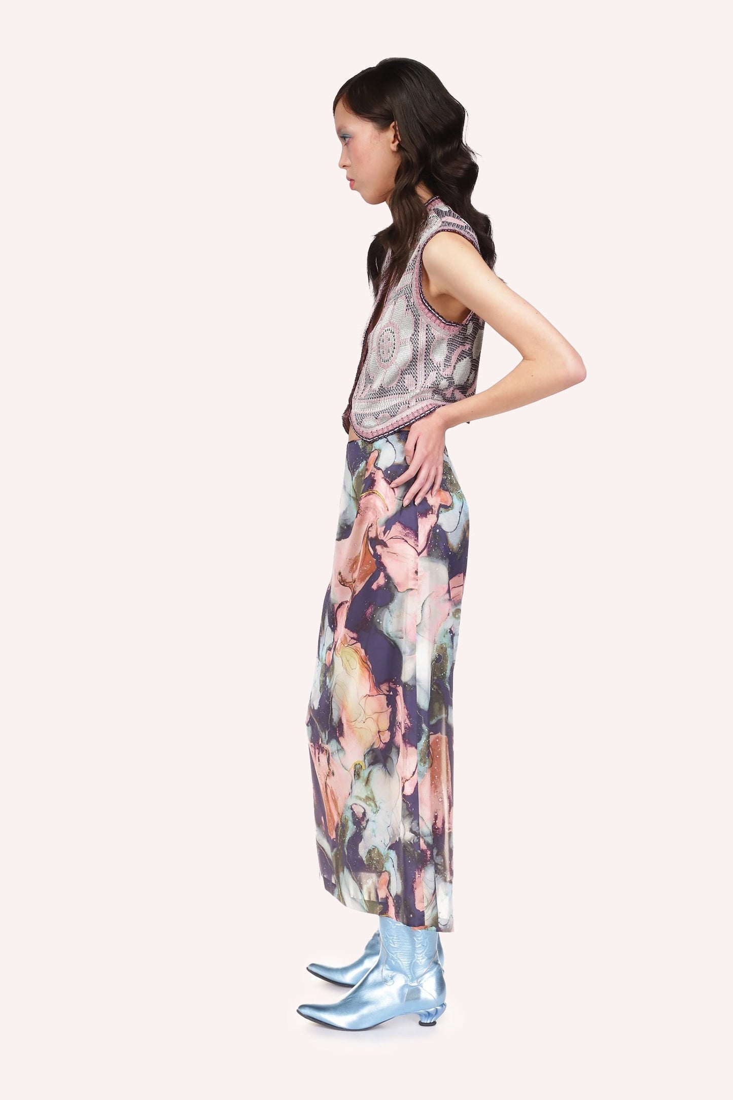 Large blue floral with patch of pink and yellow colors for this Cosmos Satin Skirt