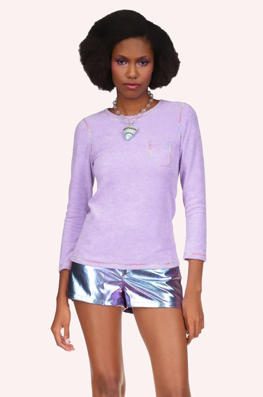 Terrycloth Long Sleeve Top, orchid, round collar, rainbow hems, pocket on left of chest
