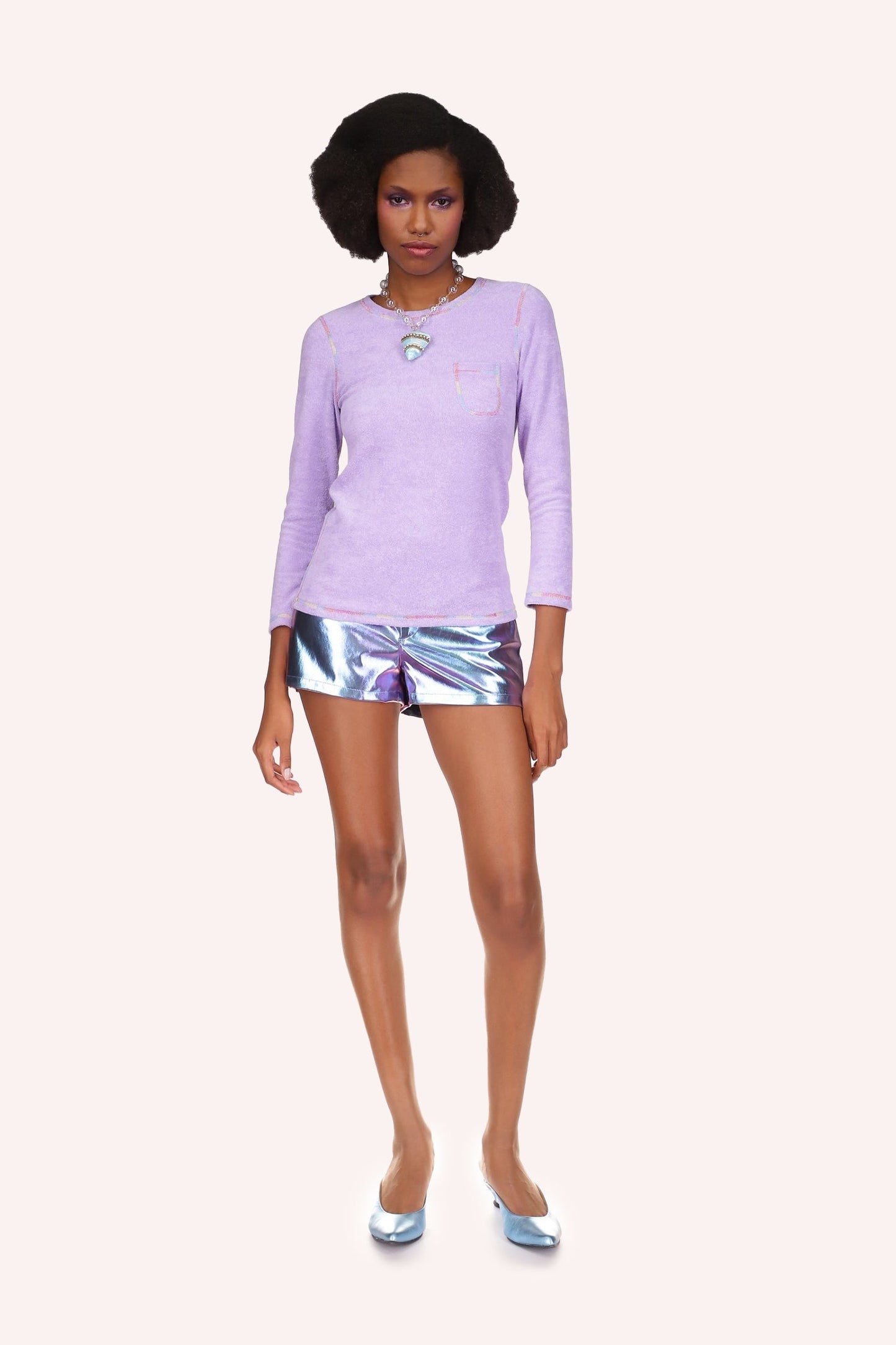 Terrycloth Long Sleeve Top, orchid, round collar, rainbow hems, pocket on left of chest.