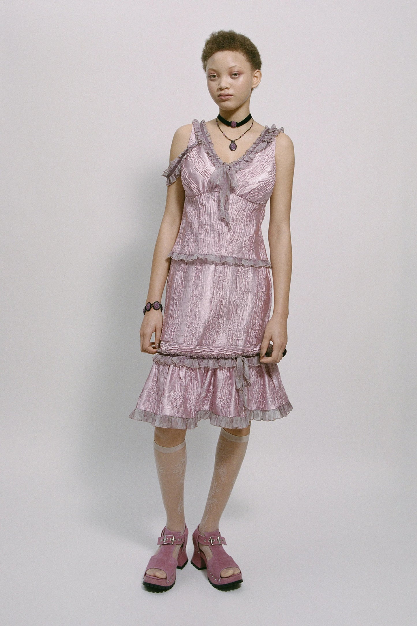 Crushed Satin Ruffle Midi Skirt