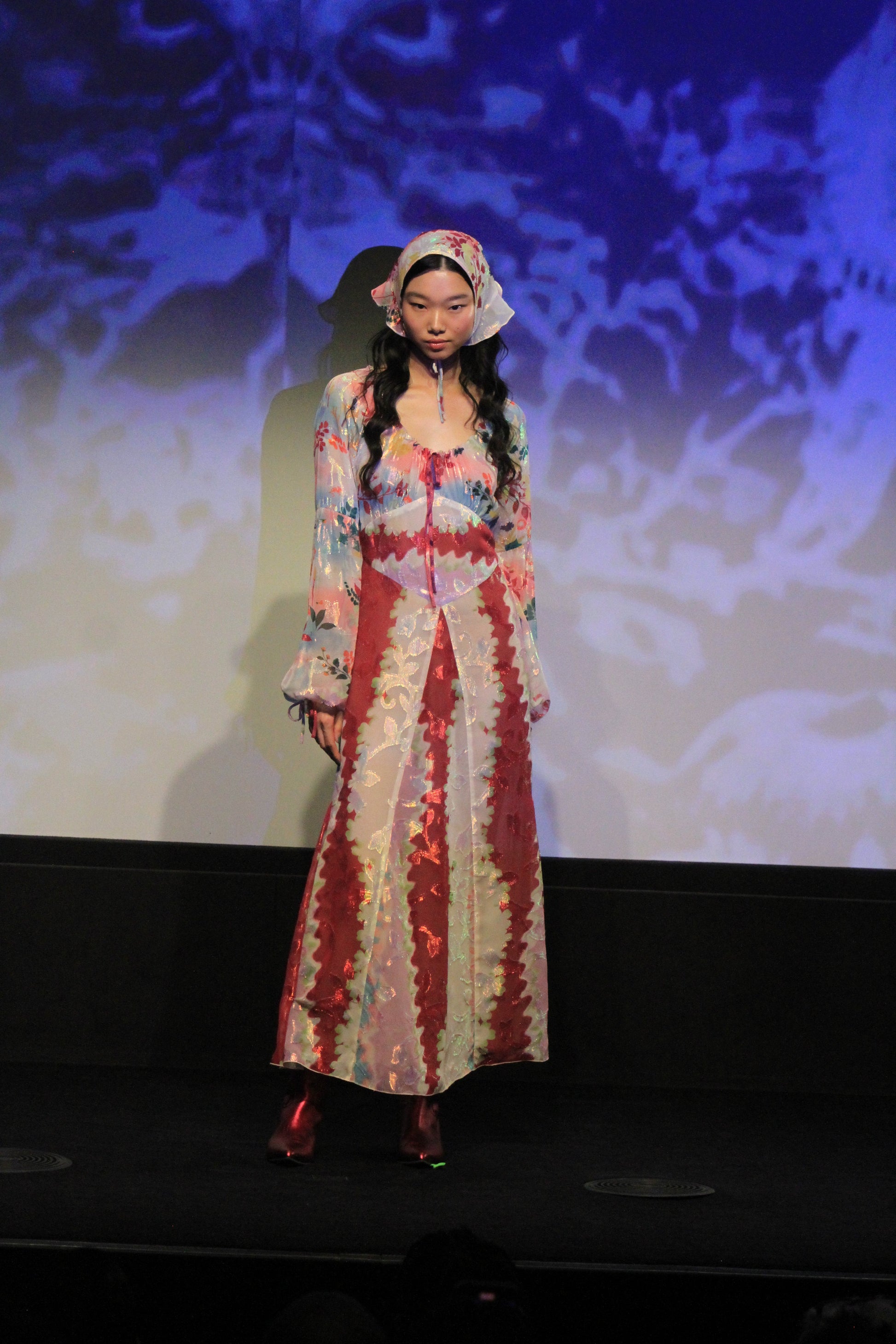 Under runway lights, Atlantis Garden Headscarf, triangular shape, pair an Atlantis dress