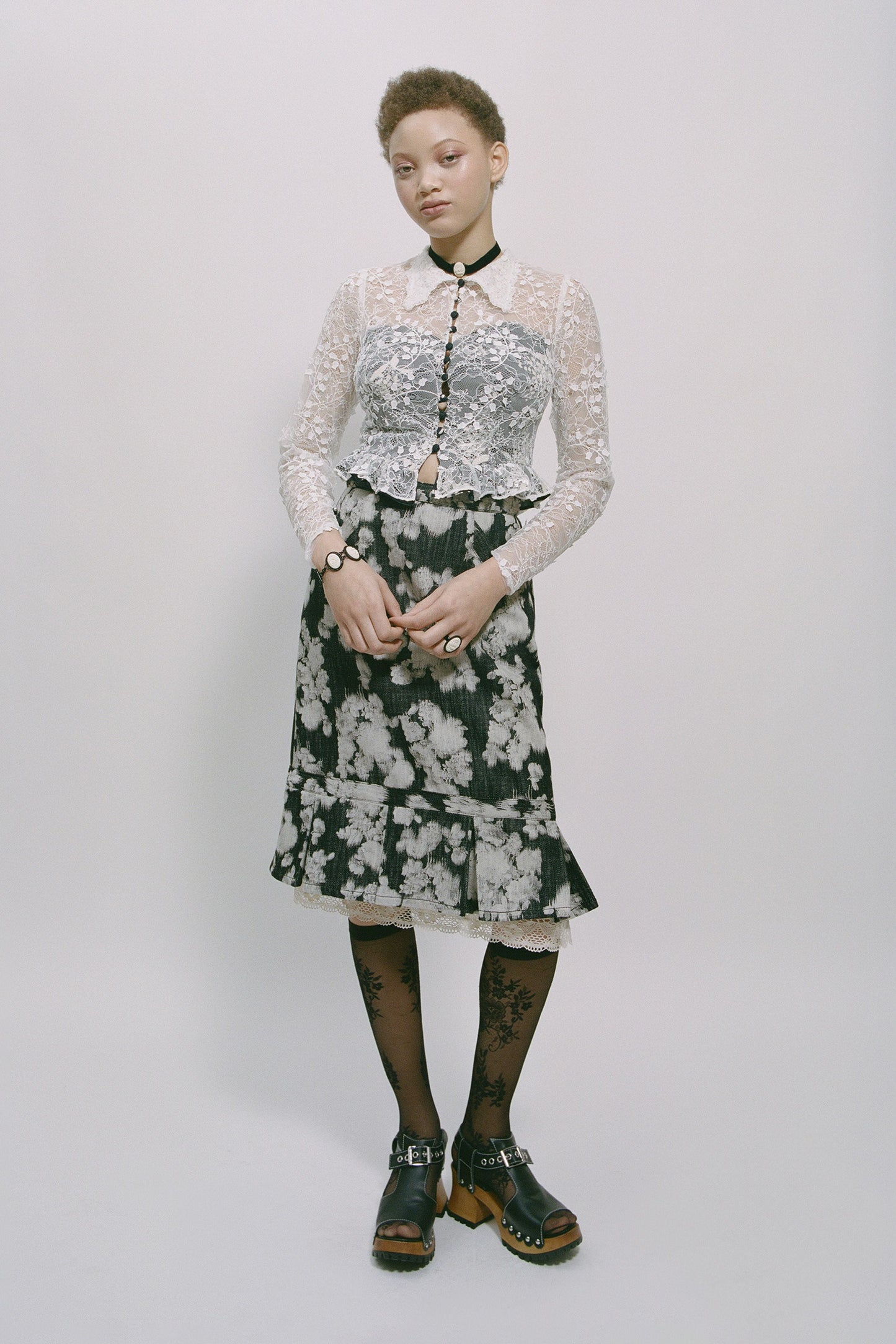 Rose Illusion Denim Lace Trimmed Skirt