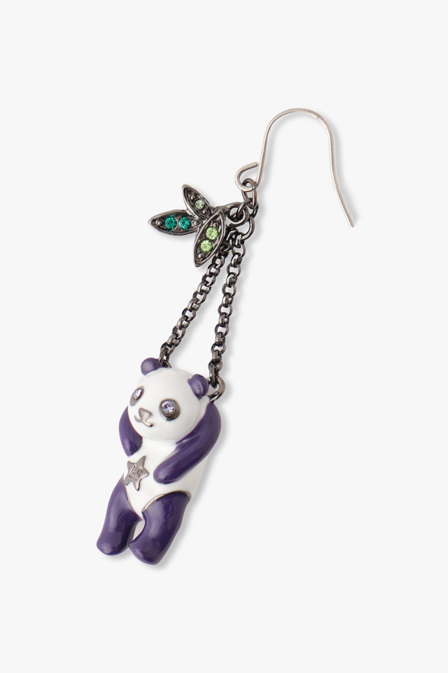 Panda is white head and body, purple arms legs and ears, gunmetal chain, 3-oval badges, Earwire