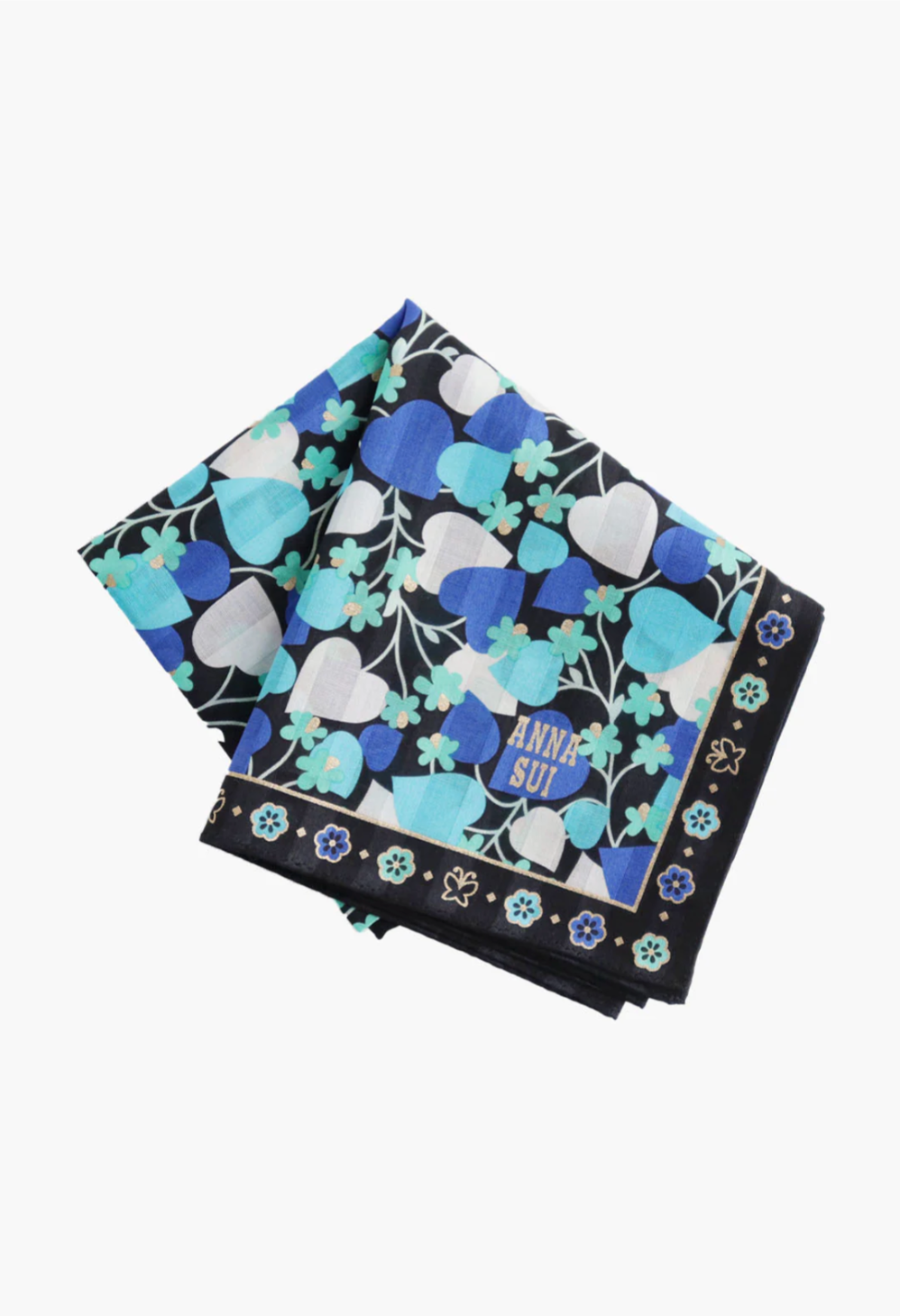 Blooming Hearts Handkerchief, Anna Sui label, blooming stylized hearts in hue of blue, black border