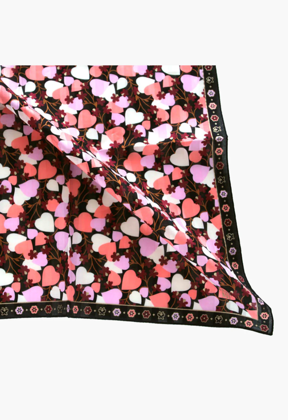 Cotton squared pink/burgundy Blooming Hearts Handkerchief printed color, black border