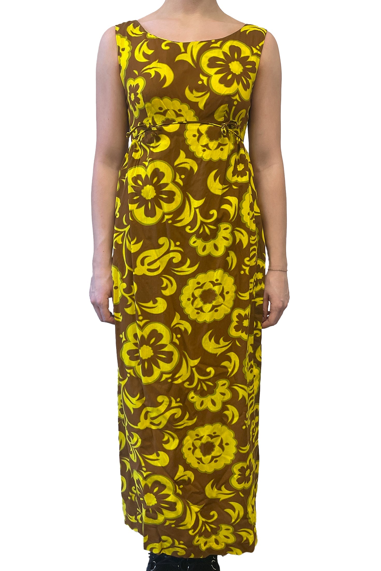 vintage floral yellow dress women's with sunflower pattern "Lily" The sleeveless design and halter neckline with back keyhole opening and self yellow.dress Yellow Floral Spaghetti Straps