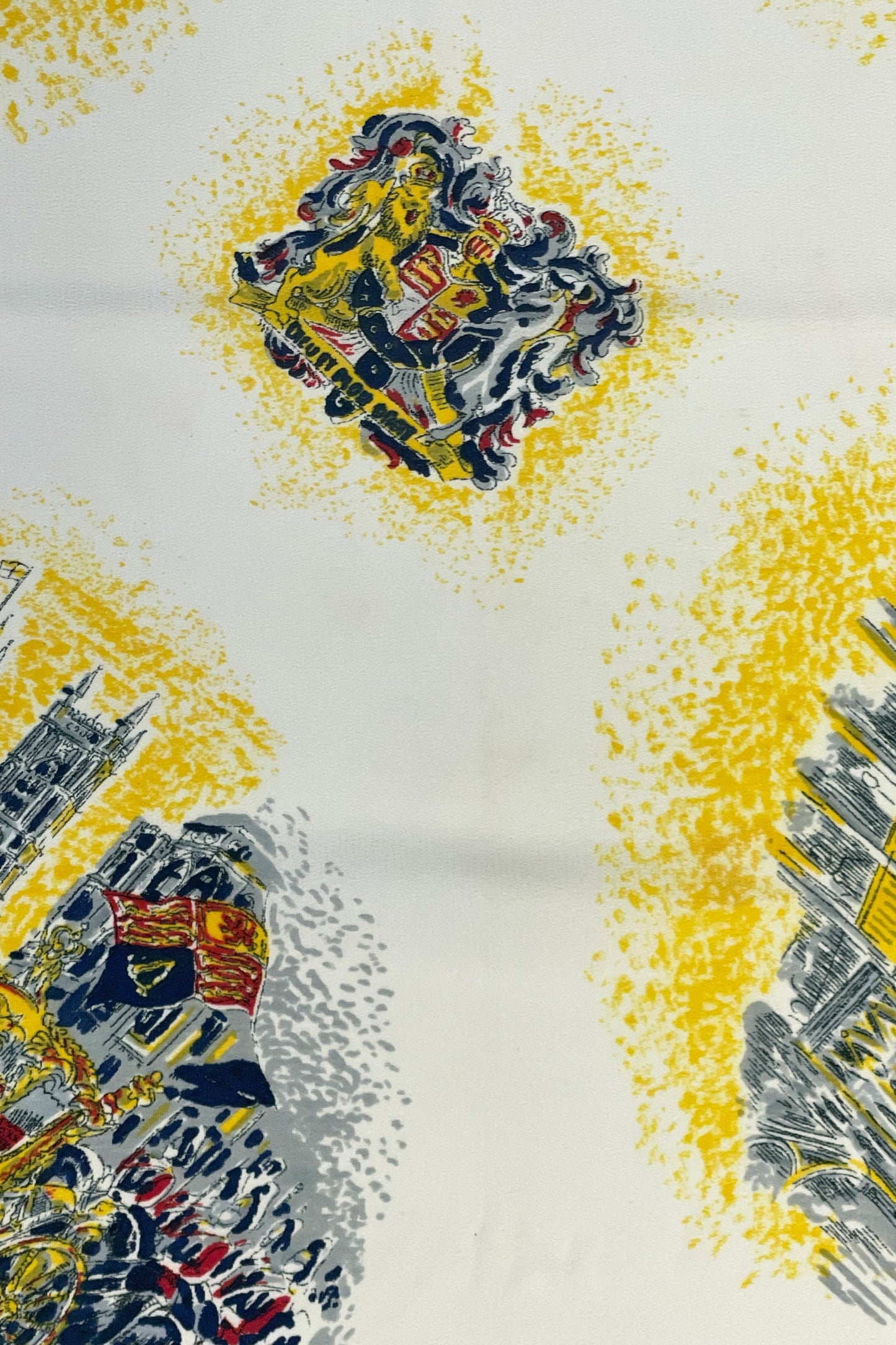 Signs of gentle wear, subtle dots and a faint longer stain on middle of scarf between 2-events