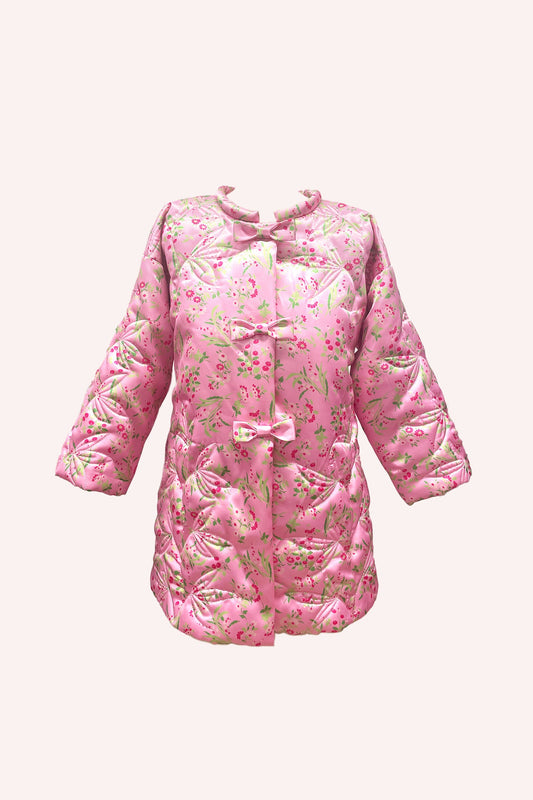 Arcadia Blossom Quilted Satin Boudoir Coat is pink with green floral design and 3-bow ties