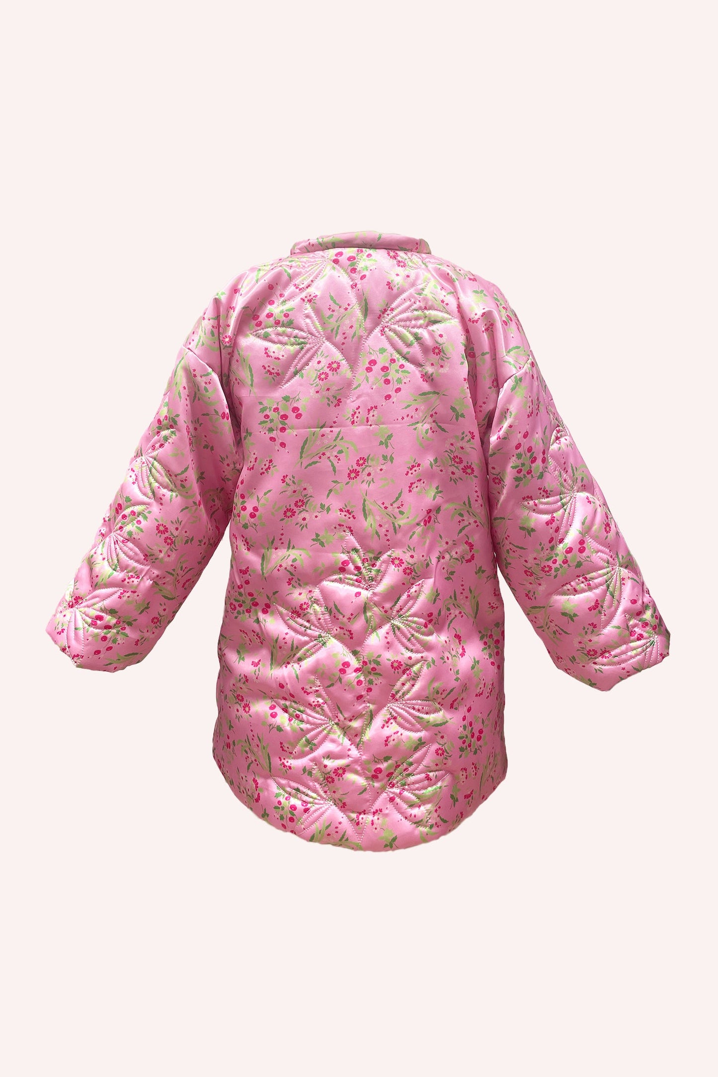 Arcadia Blossom Quilted Satin Boudoir Coat is pink with green floral design