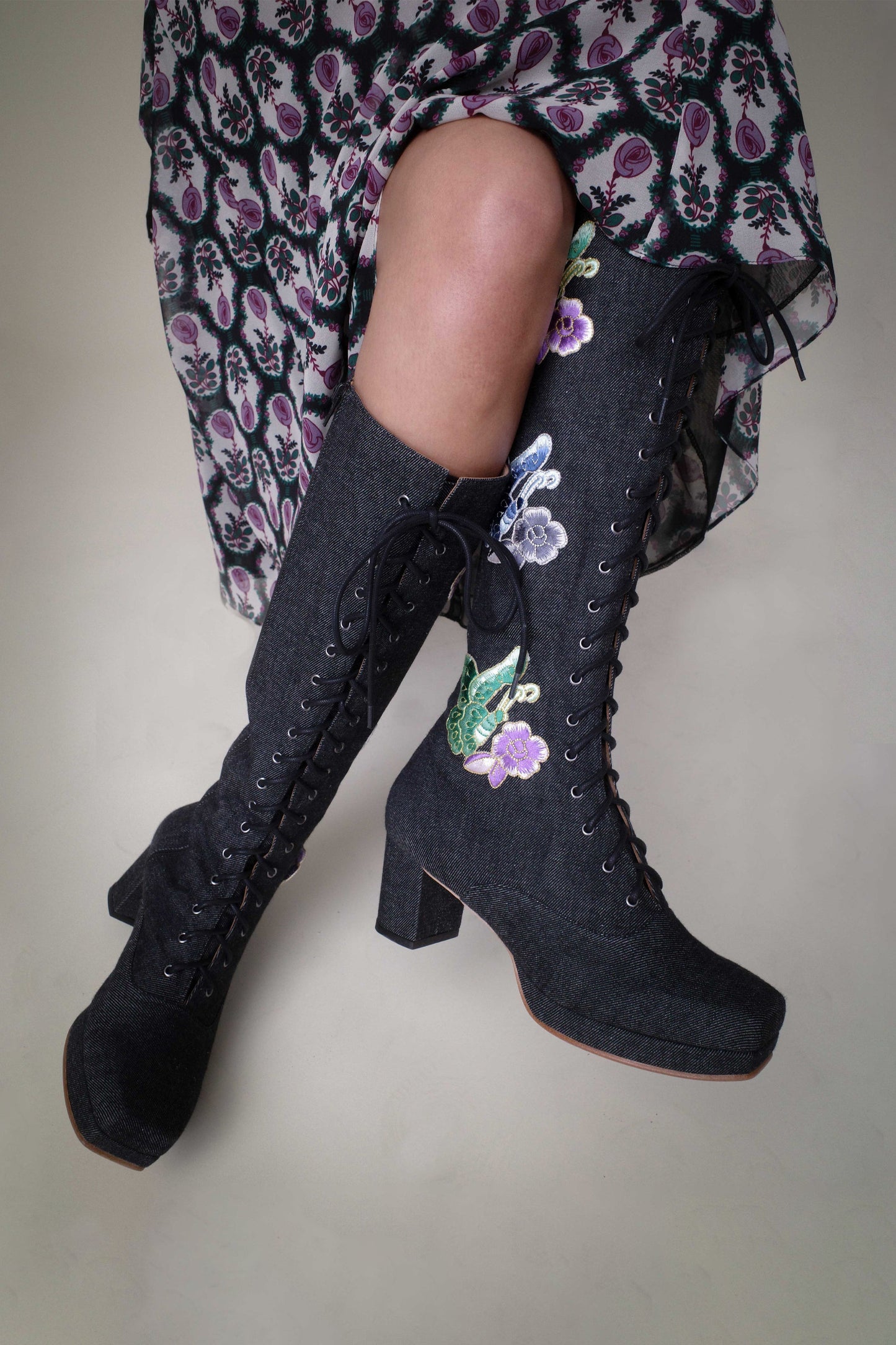 John Fluevog x Anna Sui Butterfly Boots - Black Denim