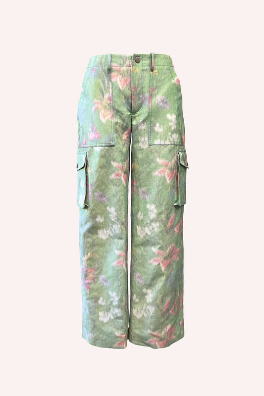 Green Cargo Pants with pink floral design, 2-pockets on front top and 2 with flap on the sides