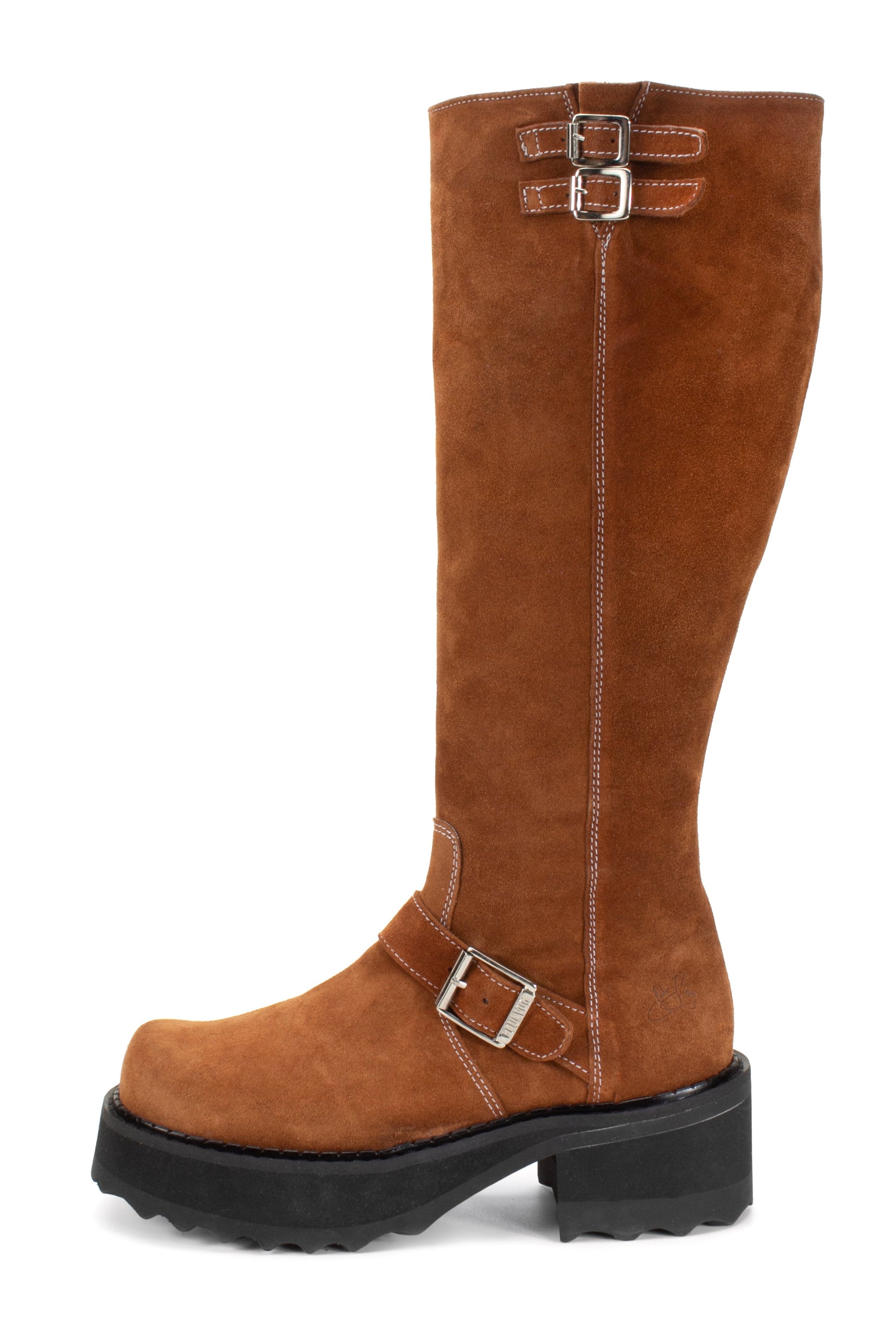 Brown suede Boot, under-the-knee-high, black high sole, white stiches for highlight