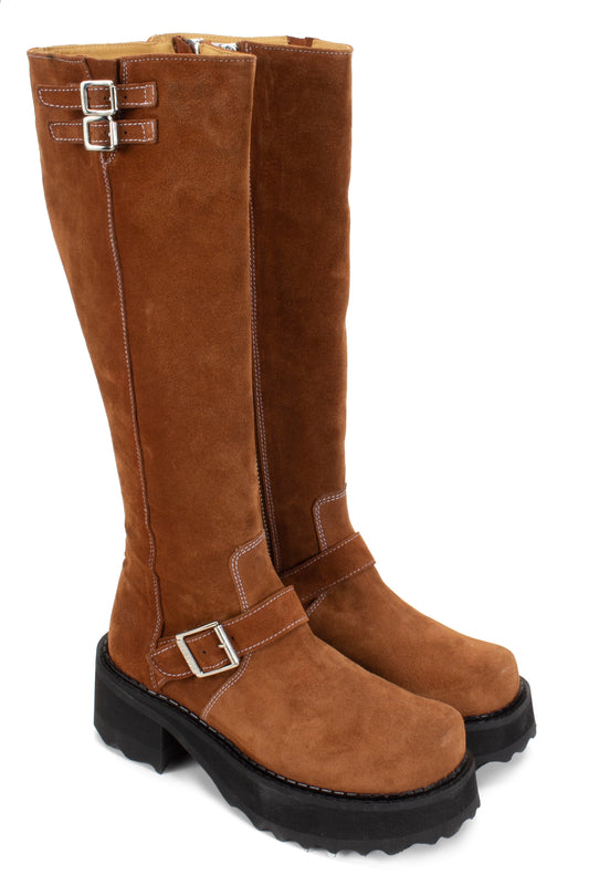 Brown suede Boot, under-the-knee, 2 buckles at top, 1 on foot with large belt, high heel