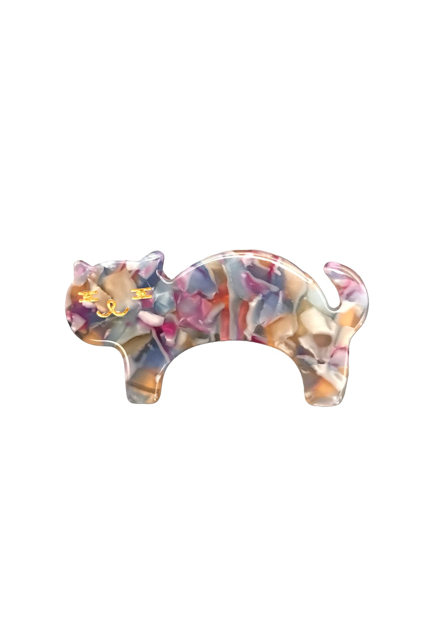 Cat Hair Clamp, full stylized cat on his side with golden highlight, pastel mixt of blue beige and red