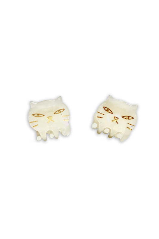 Cat Jaw Clip Pair, pearl white cat head, golden highlight, cat head used to open the hair jaw