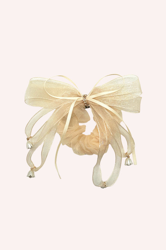 Nude Mesh Bow Flower Embellished Scrunchie