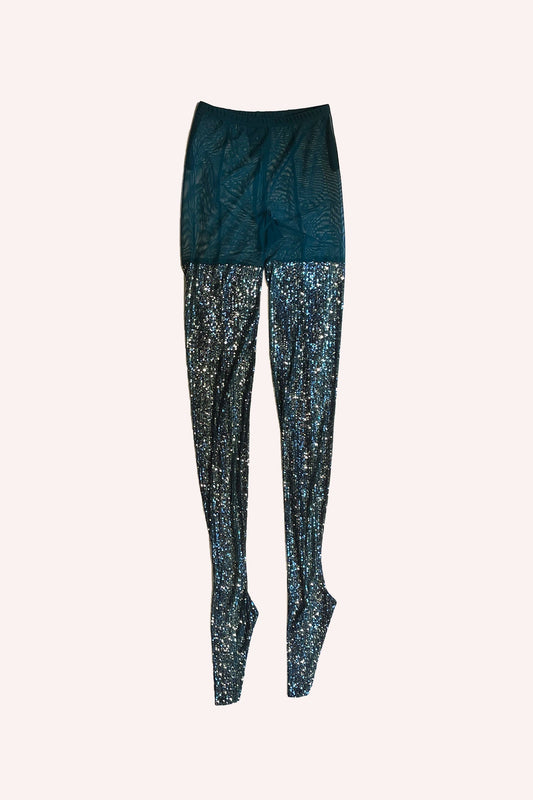 Snakeskin Sequin Tights Emerald, slightly transparent, dark hem on the back