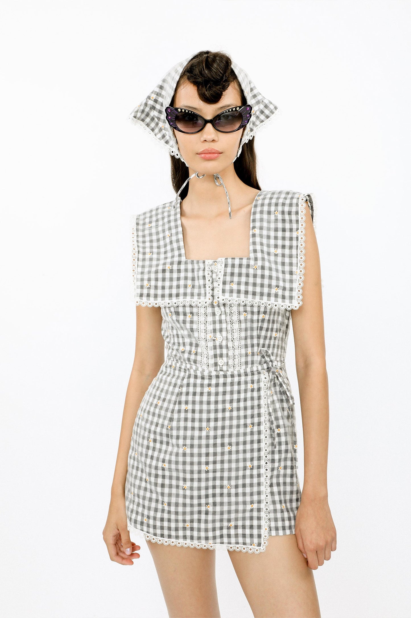 Daisy Embroidery on Gingham Tie Romper