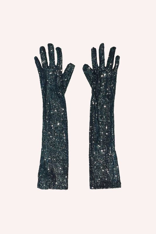 Snakeskin Sequin Gloves Emerald, pair of shiny, elbow-length gloves