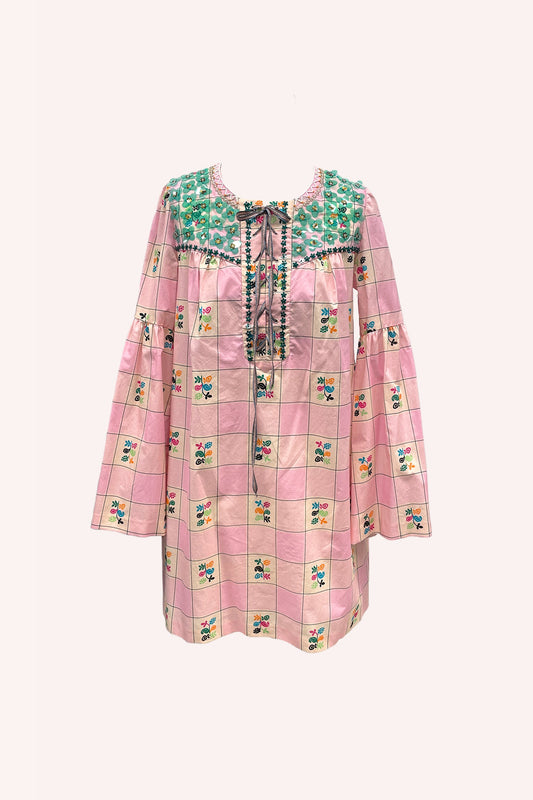 Giant Floral Gingham Embroidered Dress, in pink with green floral design on shoulders