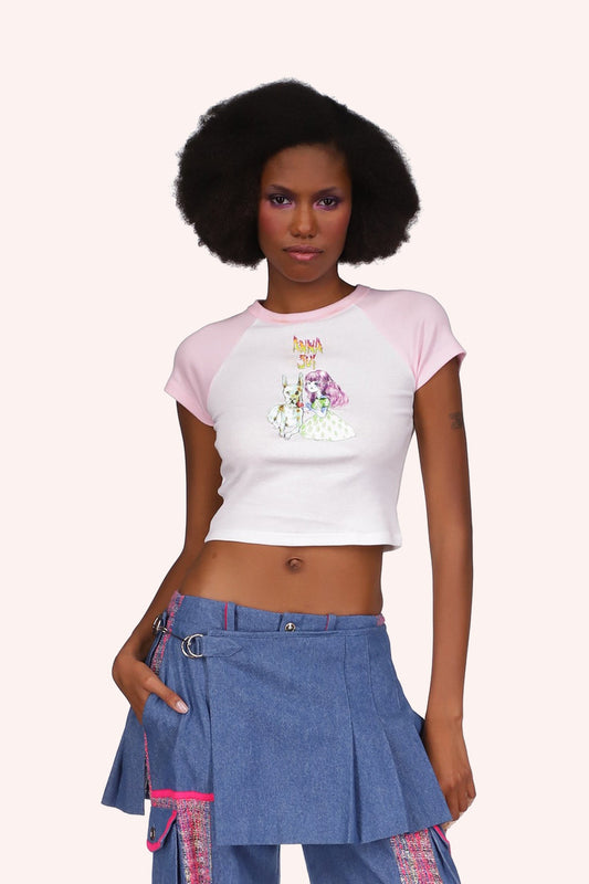 White/pink T, Short-sleeve, above hips, A. S. logo above a stylized little girl with a large white dog