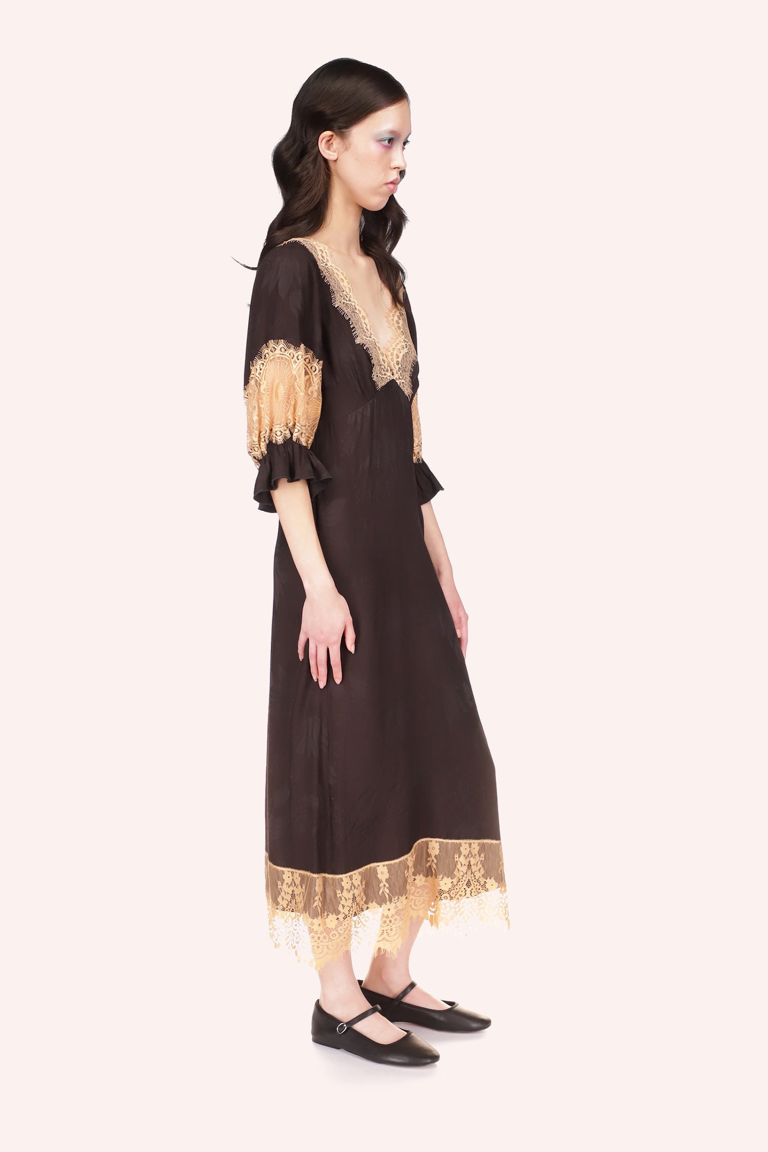 Long Sleeve Dress Black, deep V-cut collar, large beige transparent lace at mid-arm and bottom 